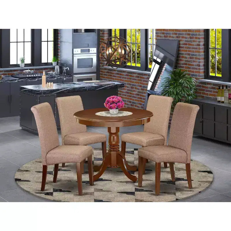 Round Dining Table Set 5pc Linen Brown Chairs Rustic Kitchen Table
