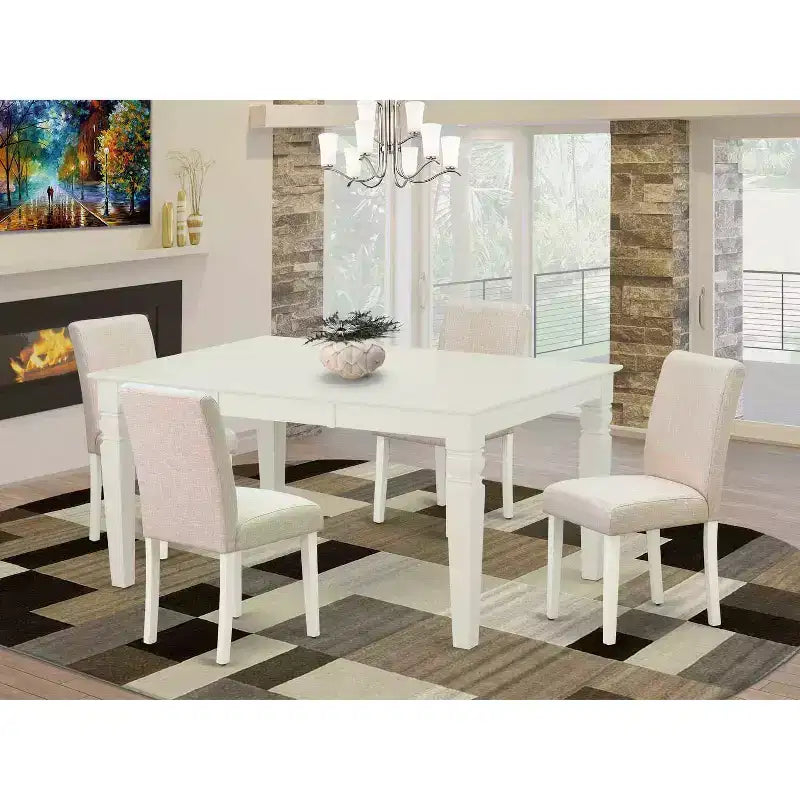 Rectangle Kitchen Dining Table Set - 5pc Table & 4 Chairs - Linen White Legs - Light Beige Fabric