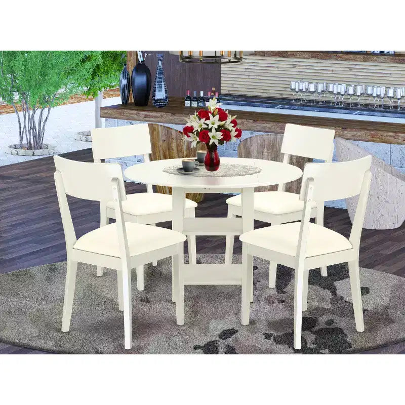 HomeStock 5-teiliges rundes Esszimmer-Set mit Tischplatte aus Massivholz in Leinenweiß, Platz für 4 Personen