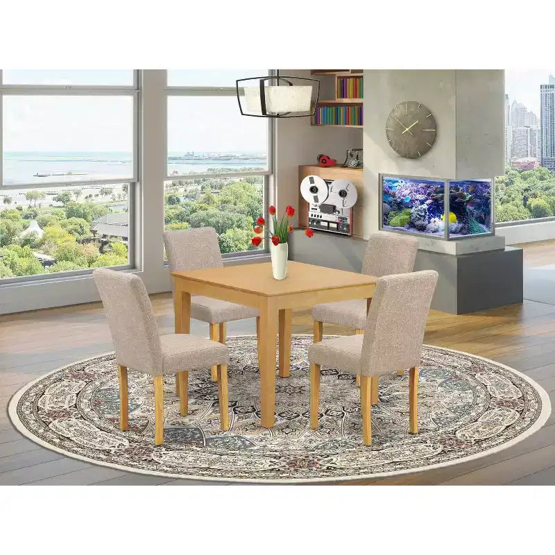 Kvadratiskt matset, 5 delar - 36-tums bord med Parsons-stolar - linnetyg - modern lantlig stil