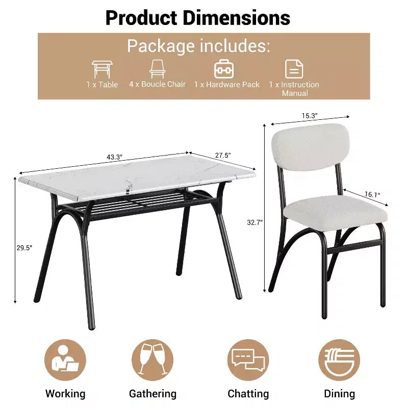5-Piece Dining Table Set for 4, Modern Kitchen Table with 4 Boucle Chairs, Rectangular Dining Table with Storage Shelf for Breakfast Nook, Apartment
