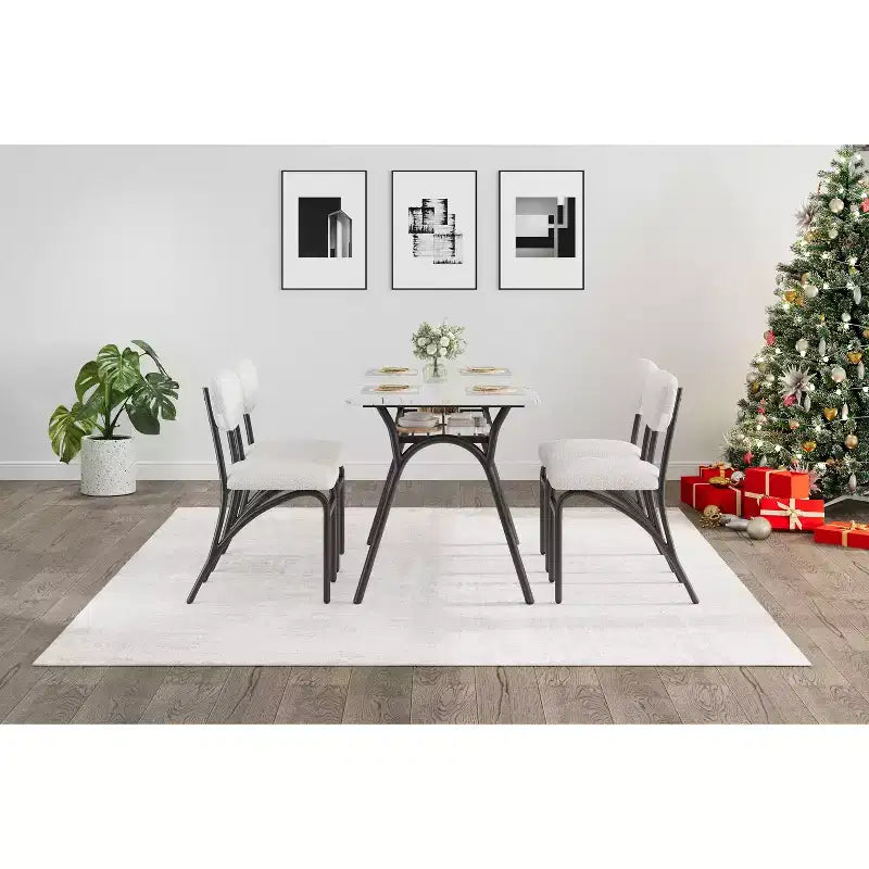 5-Piece Dining Table Set for 4, Modern Kitchen Table with 4 Boucle Chairs, Rectangular Dining Table with Storage Shelf for Breakfast Nook, Apartment