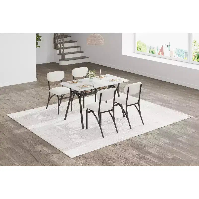 5-Piece Dining Table Set for 4, Modern Kitchen Table with 4 Boucle Chairs, Rectangular Dining Table with Storage Shelf for Breakfast Nook, Apartment