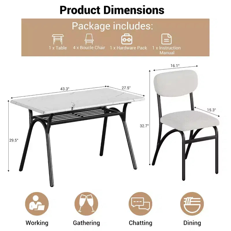5-Piece Dining Table Set for 4, Modern Kitchen Table with 4 Boucle Chairs, Rectangular Dining Table with Storage Shelf for Breakfast Nook, Apartment