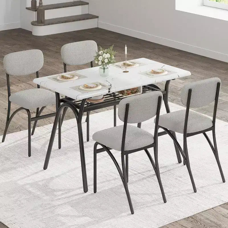 5-Piece Dining Table Set for 4, Modern Kitchen Table with 4 Boucle Chairs, Rectangular Dining Table with Storage Shelf for Breakfast Nook, Apartment