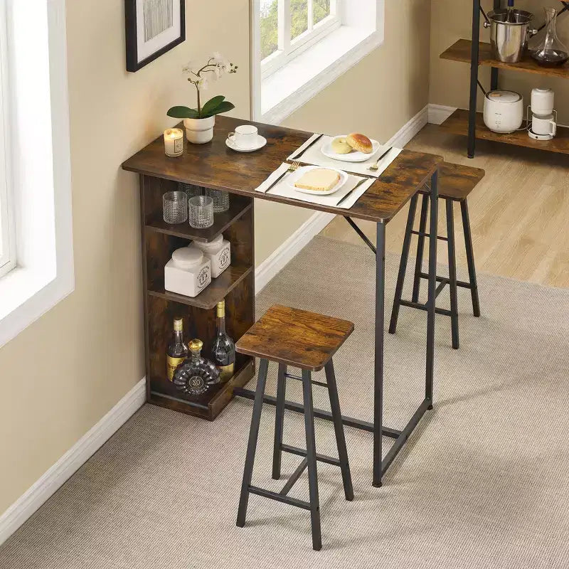 COZONY 3-Piece Bar Table and Chairs Set, Dining Table Set w/ 3 Storage Shelves & Stools