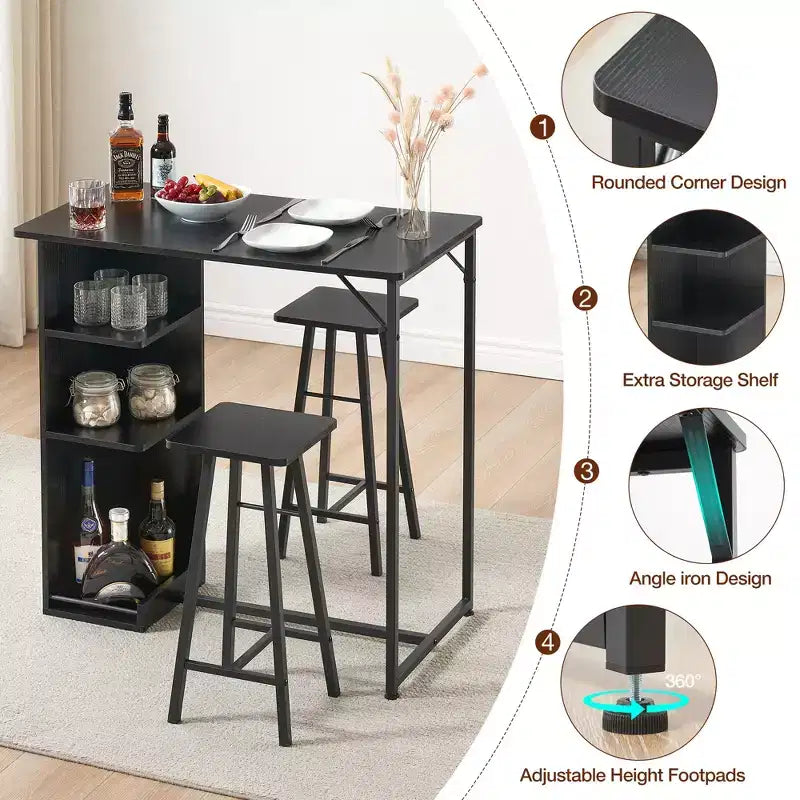 COZONY 3-Piece Bar Table and Chairs Set, Dining Table Set w/ 3 Storage Shelves & Stools