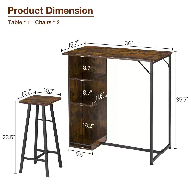 COZONY 3-Piece Bar Table and Chairs Set, Dining Table Set w/ 3 Storage Shelves & Stools
