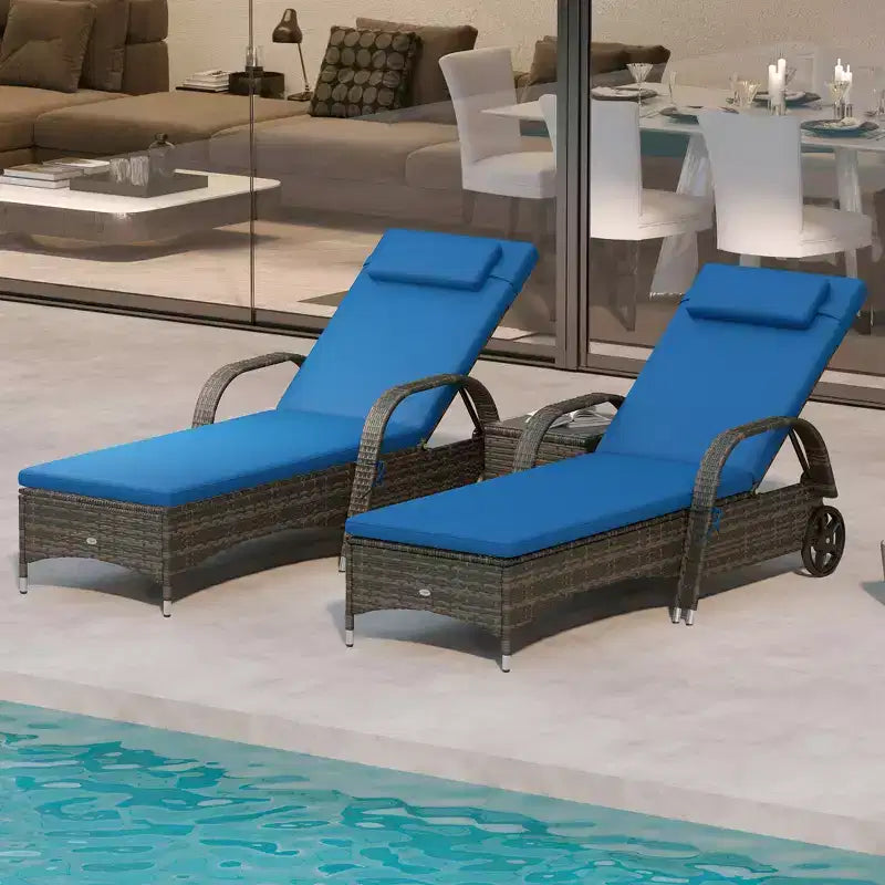Set van 2 ligstoelen van rotan voor terras met tafel, verstelbare rugleuning, wielen, kussen en hoofdsteun