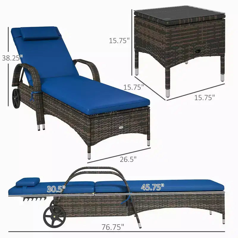 Set van 2 ligstoelen van rotan voor terras met tafel, verstelbare rugleuning, wielen, kussen en hoofdsteun