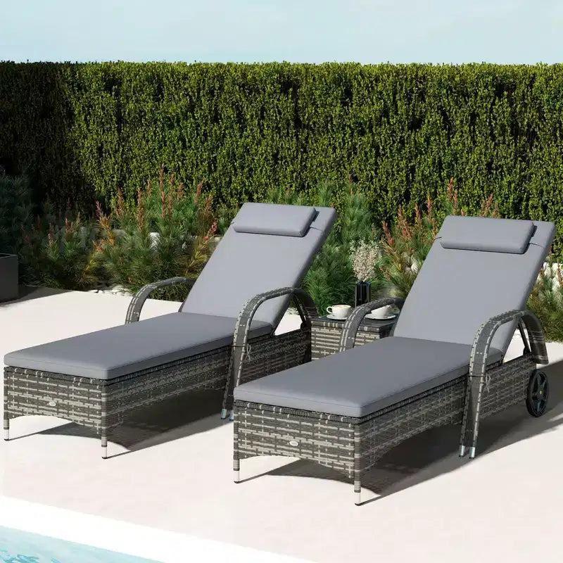 Set van 2 ligstoelen van rotan voor terras met tafel, verstelbare rugleuning, wielen, kussen en hoofdsteun