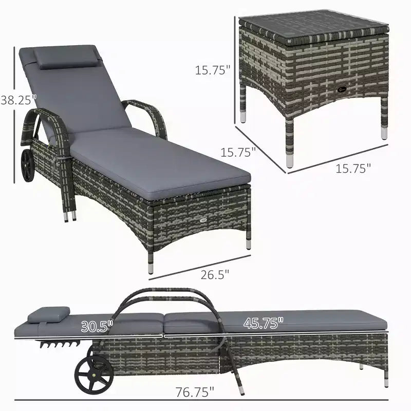 Set van 2 ligstoelen van rotan voor terras met tafel, verstelbare rugleuning, wielen, kussen en hoofdsteun