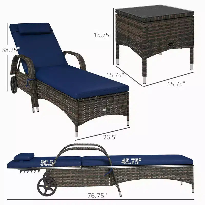 Set van 2 ligstoelen van rotan voor terras met tafel, verstelbare rugleuning, wielen, kussen en hoofdsteun