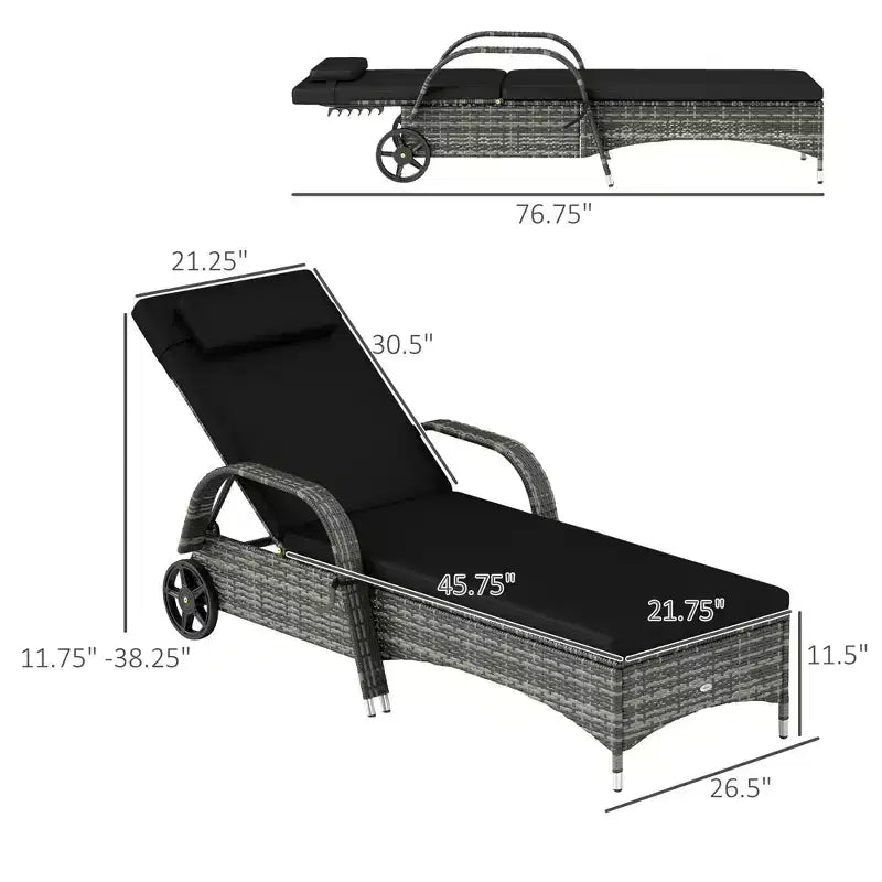 2 Reclining Chaise Lounge Chairs, Rolling Outdoor Chairs with Cushion, Pillow, Headrest, Armrests, and Wheels
