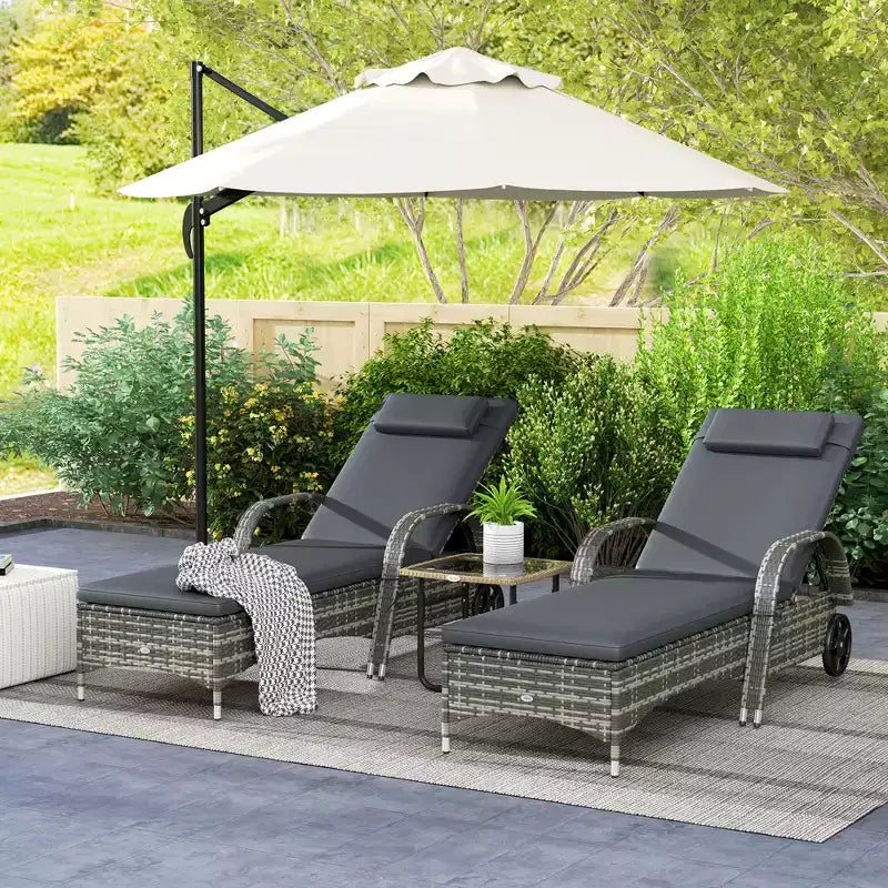 2 Reclining Chaise Lounge Chairs, Rolling Outdoor Chairs with Cushion, Pillow, Headrest, Armrests, and Wheels