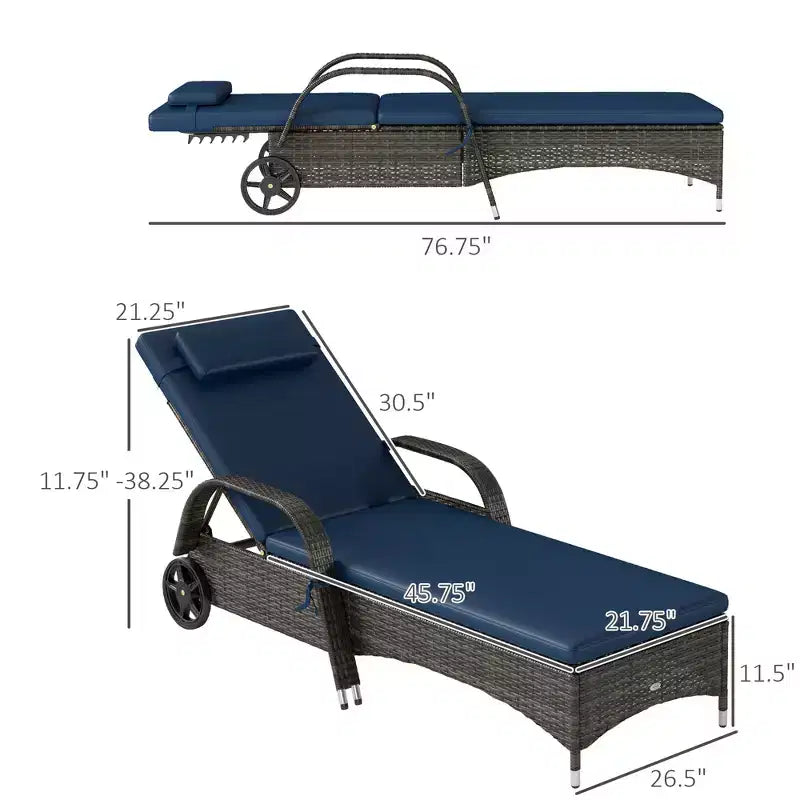 2 Reclining Chaise Lounge Chairs, Rolling Outdoor Chairs with Cushion, Pillow, Headrest, Armrests, and Wheels