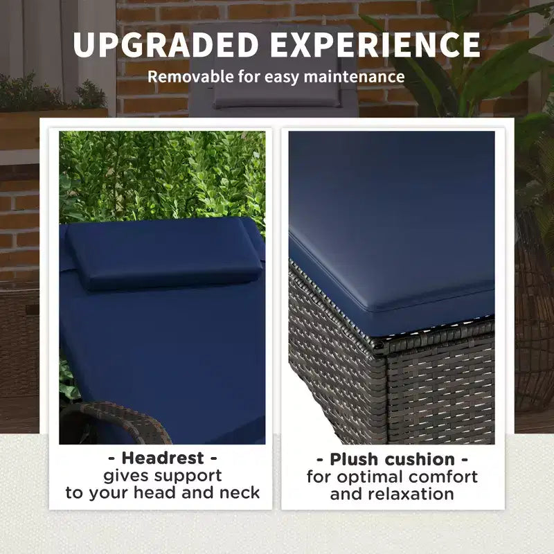 2 Reclining Chaise Lounge Chairs, Rolling Outdoor Chairs with Cushion, Pillow, Headrest, Armrests, and Wheels