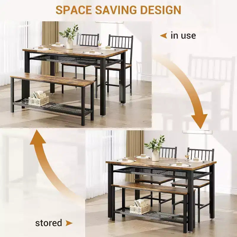 4 Piece Dining Table Set for 4, Wood Kitchen Table with 2 Chairs and Bench, Rectangular Kitchen Table Set with Storage Shelf for Living Room