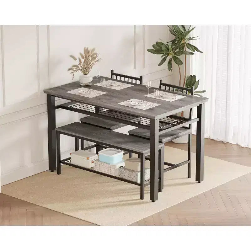 4 Piece Dining Table Set for 4, Wood Kitchen Table with 2 Chairs and Bench, Rectangular Kitchen Table Set with Storage Shelf for Living Room