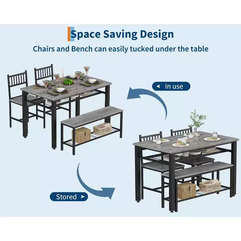 4 Piece Dining Table Set for 4, Wood Kitchen Table with 2 Chairs and Bench, Rectangular Kitchen Table Set with Storage Shelf for Living Room