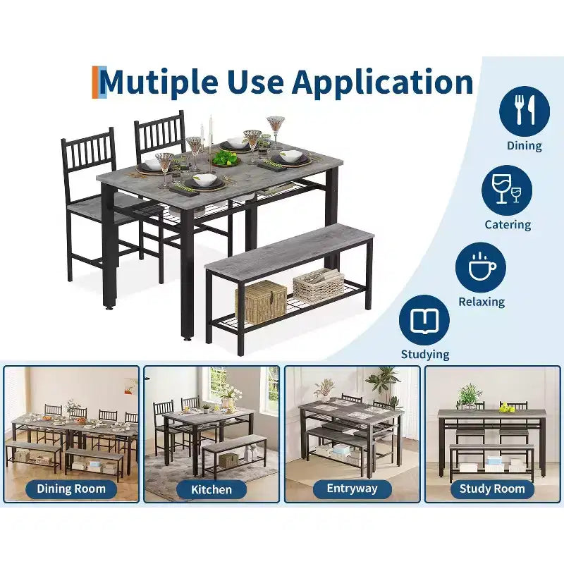 4 Piece Dining Table Set for 4, Wood Kitchen Table with 2 Chairs and Bench, Rectangular Kitchen Table Set with Storage Shelf for Living Room