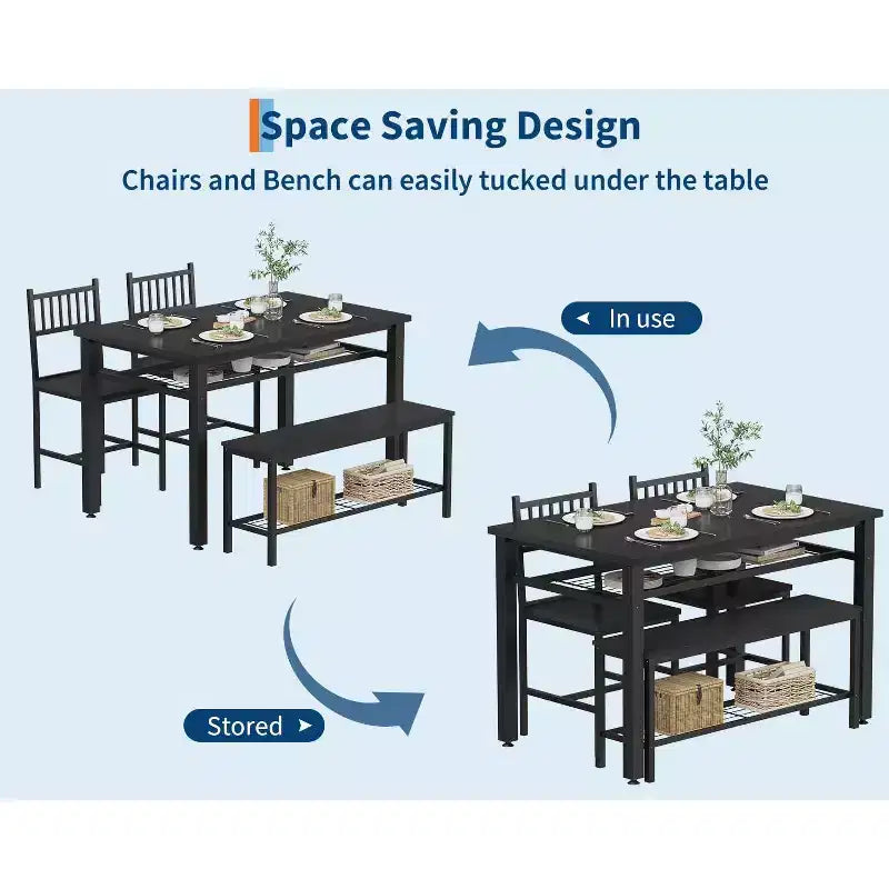 4 Piece Dining Table Set for 4, Wood Kitchen Table with 2 Chairs and Bench, Rectangular Kitchen Table Set with Storage Shelf for Living Room