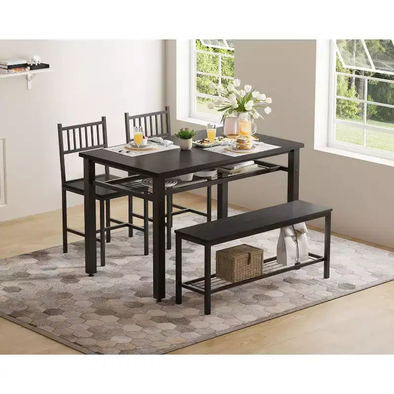 4 Piece Dining Table Set for 4, Wood Kitchen Table with 2 Chairs and Bench, Rectangular Kitchen Table Set with Storage Shelf for Living Room