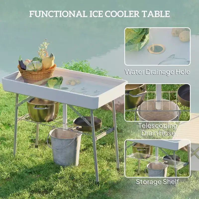 1,04 m klappbarer Kühlertisch mit Ablass, Befüll- und Kühlfunktion, Outdoor-Kühlertisch mit Ablageboden, Getränkekühler für Partys, Picknicks und Grillabende