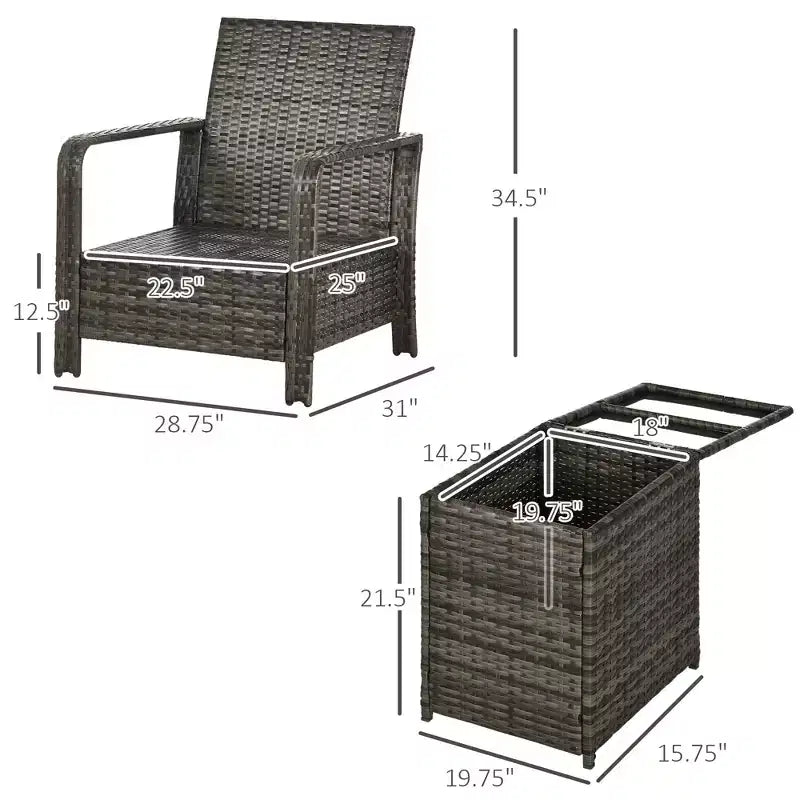 Muebles de patio de 3 piezas, mesa de almacenamiento y sillas de mimbre de PE