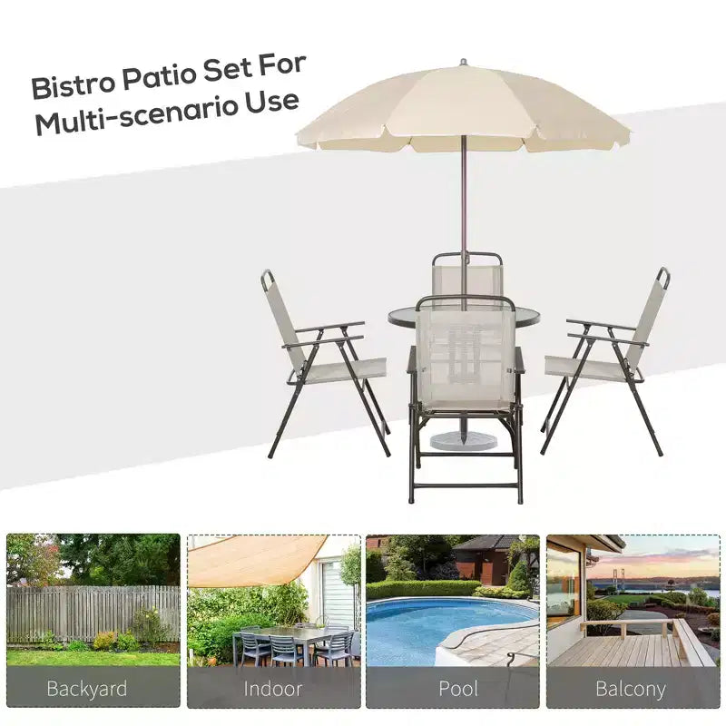 6 Piece Patio Dining Set for 4 with Umbrella, Outdoor Table and Chairs with 4 Folding Dining Chairs & Round Glass Table