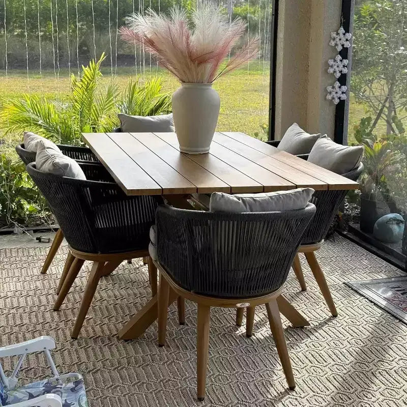 Zestaw mebli jadalnianych na patio PURPLE LEAF, aluminiowy stół i krzesła z plecionką ze sznurka, poduszki w zestawie, do dekoracji ogrodu i kuchni