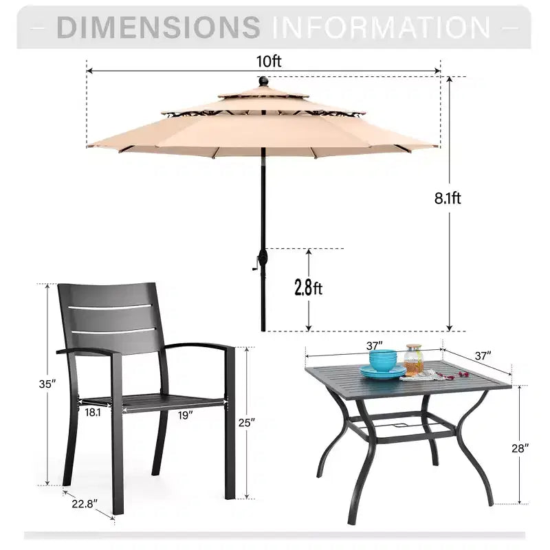 Captiva Designs 6-teiliges Patio-Ess-Set mit Stahltisch mit Lamellenplatte und Metallstühlen mit gestreifter Rückenlehne sowie Sonnenschirm