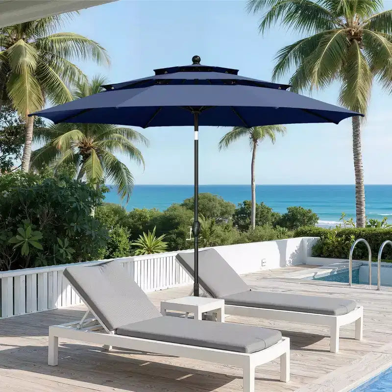 Captiva Designs 6-teiliges Patio-Ess-Set mit Stahltisch mit Lamellenplatte und Metallstühlen mit gestreifter Rückenlehne sowie Sonnenschirm