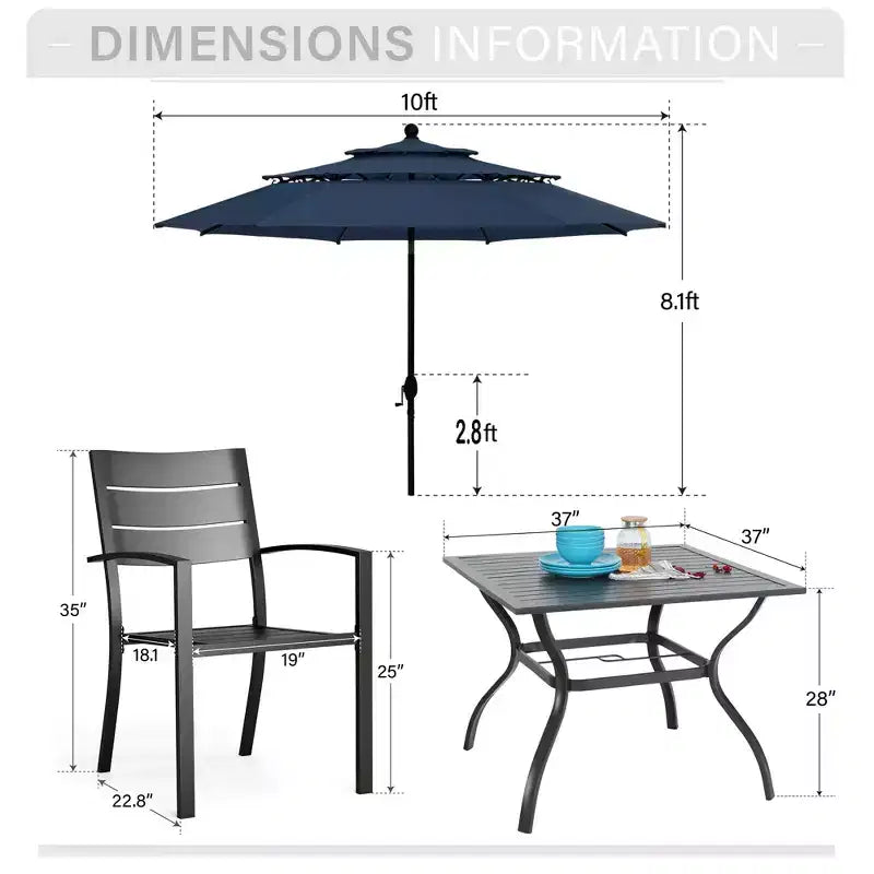 Captiva Designs 6-teiliges Patio-Ess-Set mit Stahltisch mit Lamellenplatte und Metallstühlen mit gestreifter Rückenlehne sowie Sonnenschirm