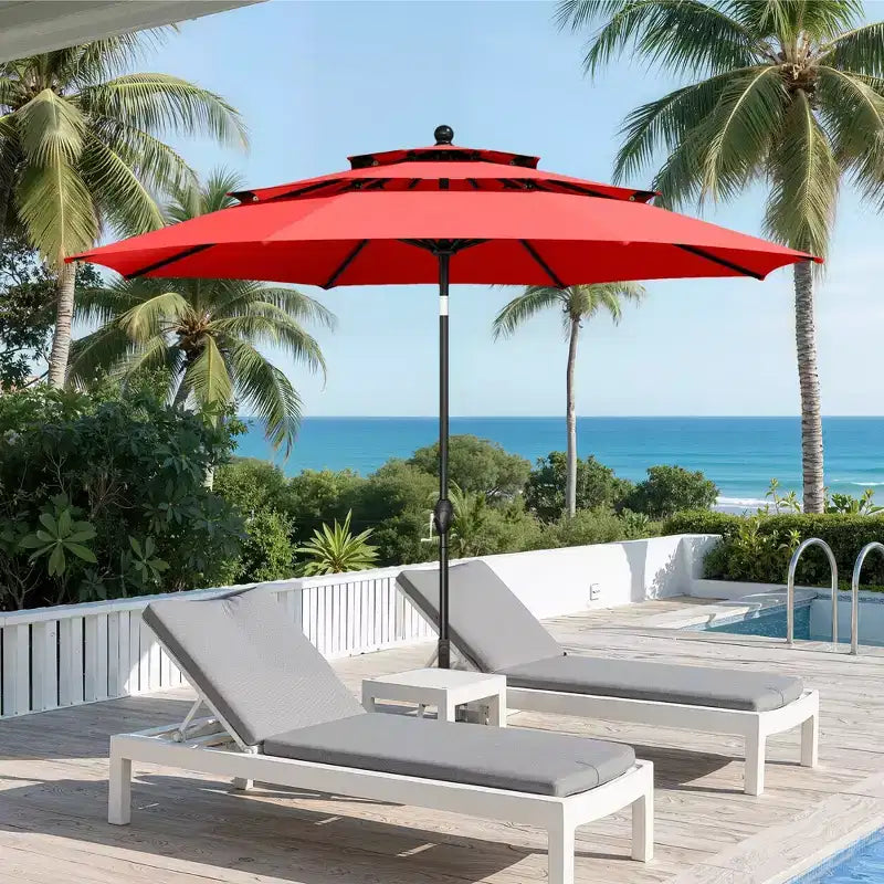 Captiva Designs 6-teiliges Patio-Ess-Set mit Stahltisch mit Lamellenplatte und Metallstühlen mit gestreifter Rückenlehne sowie Sonnenschirm