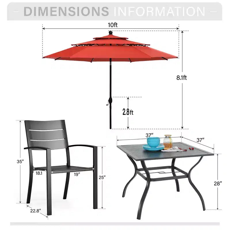 Captiva Designs 6-teiliges Patio-Ess-Set mit Stahltisch mit Lamellenplatte und Metallstühlen mit gestreifter Rückenlehne sowie Sonnenschirm