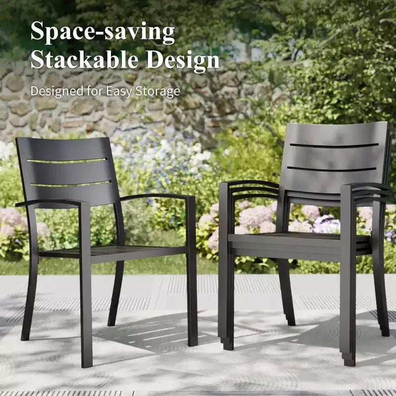 Captiva Designs 6-teiliges Patio-Ess-Set mit Stahltisch mit Lamellenplatte und Metallstühlen mit gestreifter Rückenlehne sowie Sonnenschirm