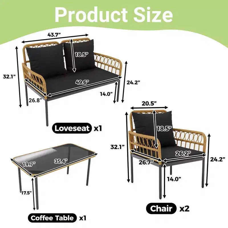 4-teiliges Bistro-Set für die Terrasse aus Rattan mit Beistelltisch und Glasplatte sowie modernen Rattanstühlen für Wohnung, Garten, Veranda, Balkon, Rasen