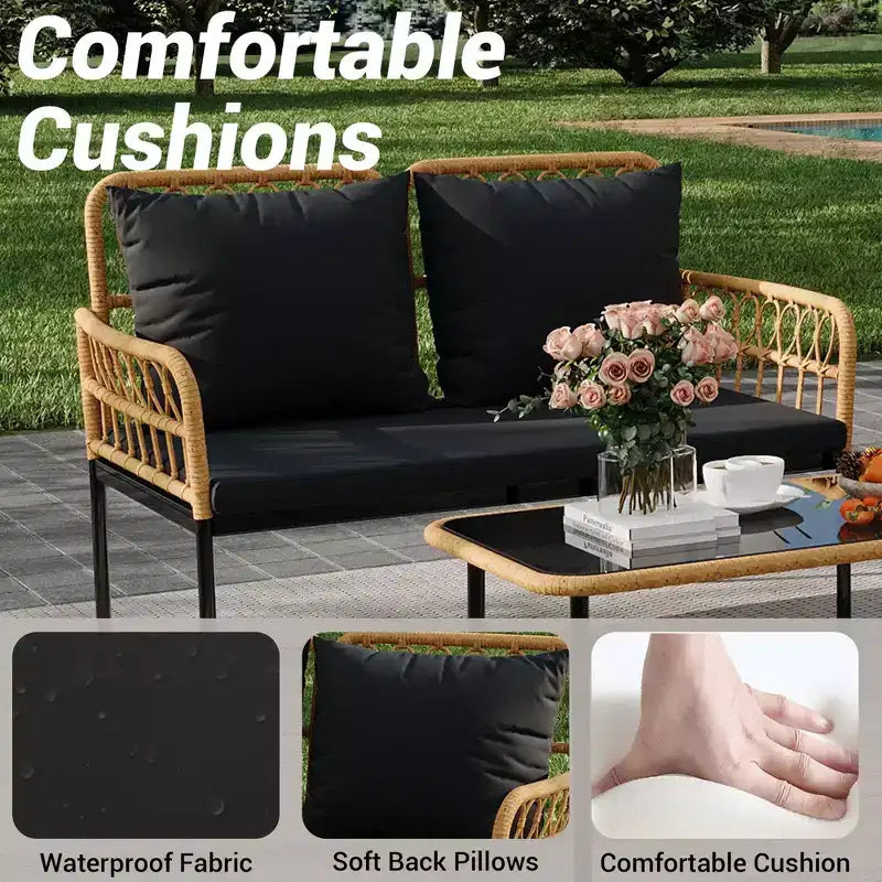 4-teiliges Bistro-Set für die Terrasse aus Rattan mit Beistelltisch und Glasplatte sowie modernen Rattanstühlen für Wohnung, Garten, Veranda, Balkon, Rasen
