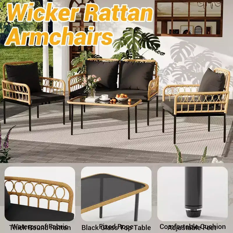4-teiliges Bistro-Set für die Terrasse aus Rattan mit Beistelltisch und Glasplatte sowie modernen Rattanstühlen für Wohnung, Garten, Veranda, Balkon, Rasen
