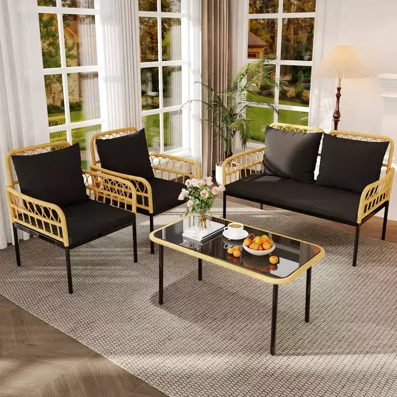4-teiliges Bistro-Set für die Terrasse aus Rattan mit Beistelltisch und Glasplatte sowie modernen Rattanstühlen für Wohnung, Garten, Veranda, Balkon, Rasen