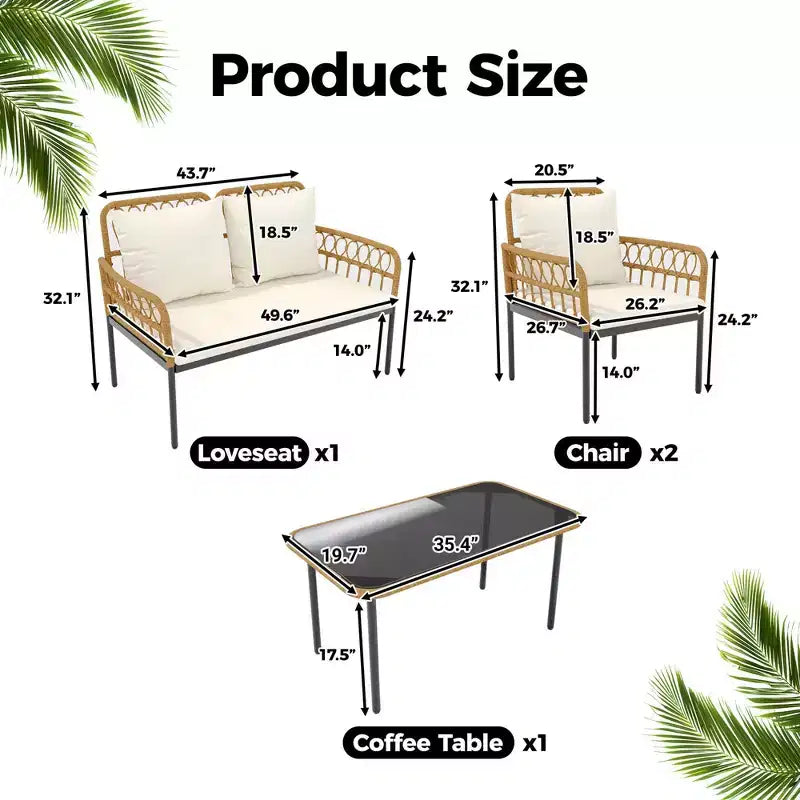 4-teiliges Bistro-Set für die Terrasse aus Rattan mit Beistelltisch und Glasplatte sowie modernen Rattanstühlen für Wohnung, Garten, Veranda, Balkon, Rasen
