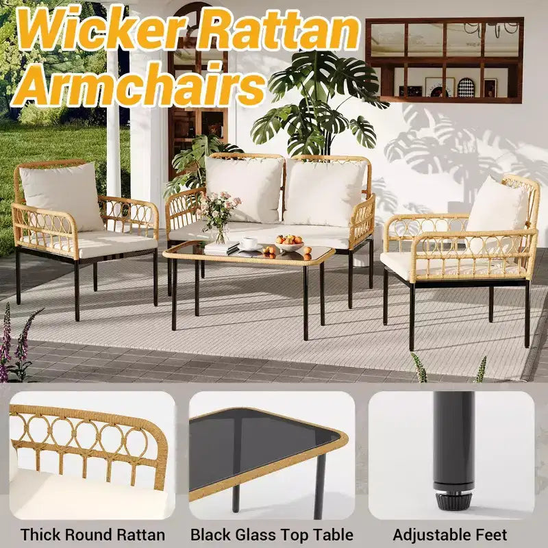 4-teiliges Bistro-Set für die Terrasse aus Rattan mit Beistelltisch und Glasplatte sowie modernen Rattanstühlen für Wohnung, Garten, Veranda, Balkon, Rasen