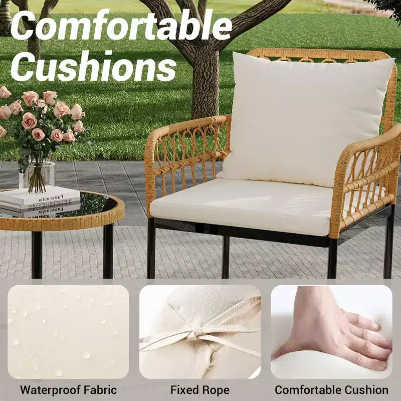 4-teiliges Bistro-Set für die Terrasse aus Rattan mit Beistelltisch und Glasplatte sowie modernen Rattanstühlen für Wohnung, Garten, Veranda, Balkon, Rasen