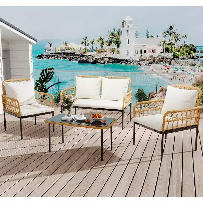 4-teiliges Bistro-Set für die Terrasse aus Rattan mit Beistelltisch und Glasplatte sowie modernen Rattanstühlen für Wohnung, Garten, Veranda, Balkon, Rasen