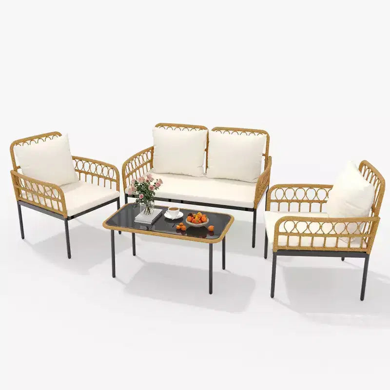 4-teiliges Bistro-Set für die Terrasse aus Rattan mit Beistelltisch und Glasplatte sowie modernen Rattanstühlen für Wohnung, Garten, Veranda, Balkon, Rasen