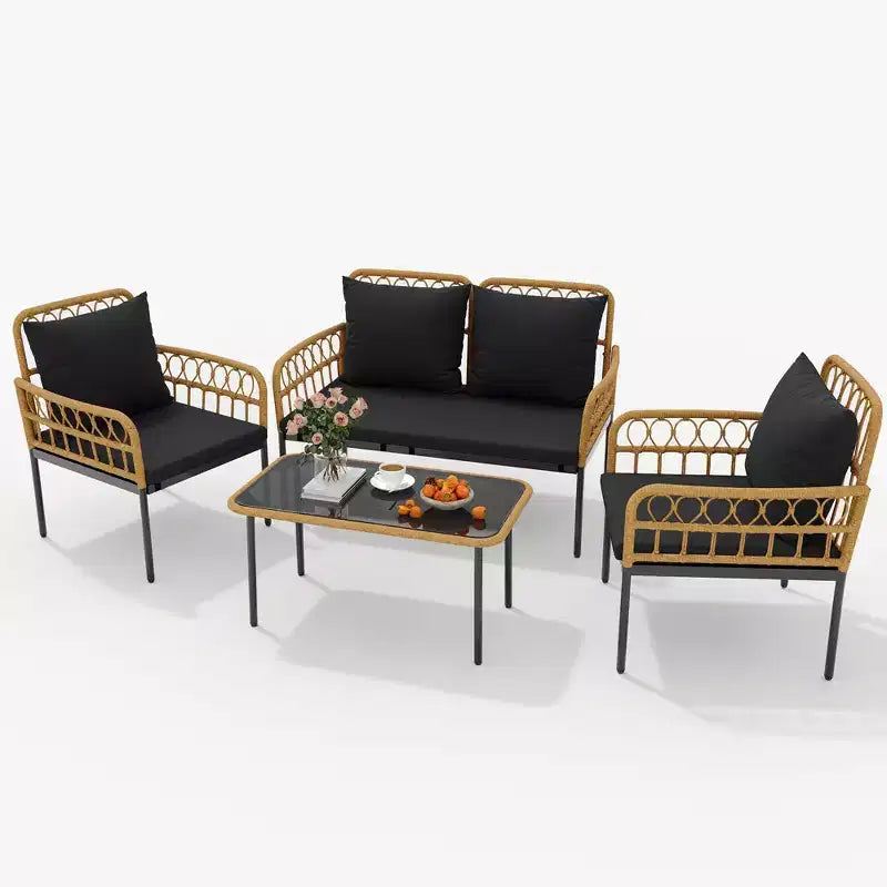 4-teiliges Bistro-Set für die Terrasse aus Rattan mit Beistelltisch und Glasplatte sowie modernen Rattanstühlen für Wohnung, Garten, Veranda, Balkon, Rasen