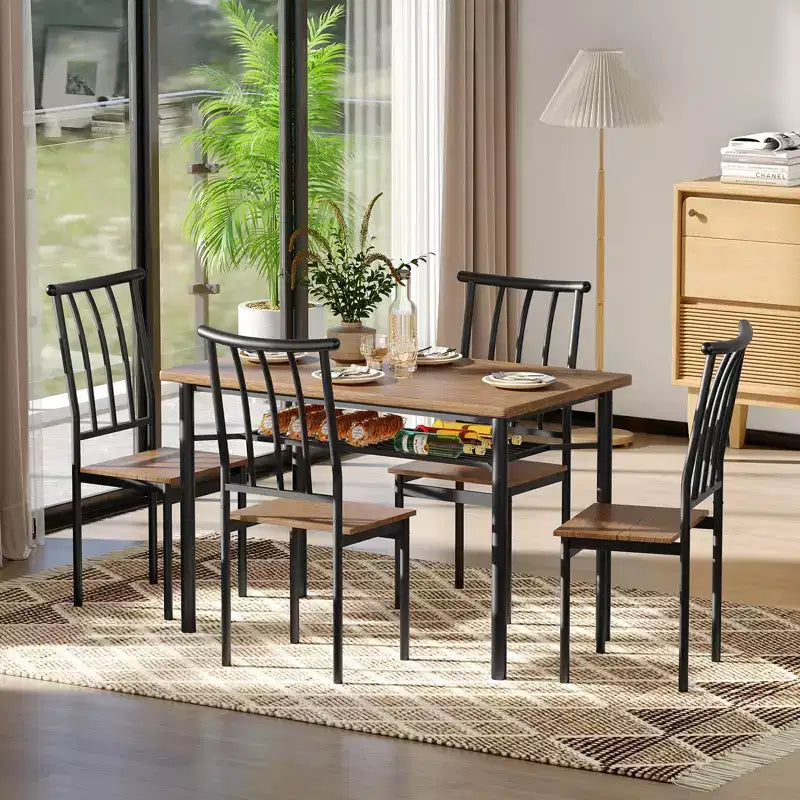 COZONY 4-delige eetset in boerderijstijl, houten keukentafel en stoelen met opbergruimte en verstelbare poten
