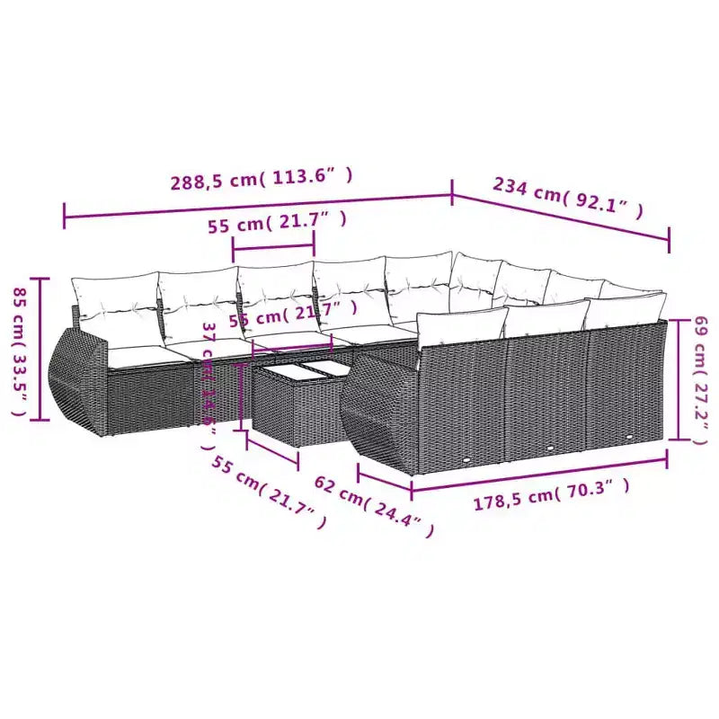vidaXL 11 Piece Patio Sofa Set with Cushions Gray Poly Rattan