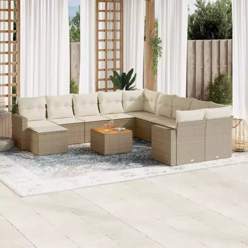 vidaXL 11-teiliges Sofaset für die Terrasse mit Kissen aus beigefarbenem Poly-Rattan